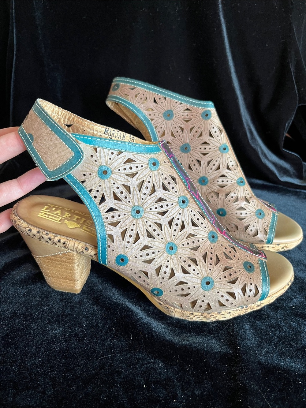 L' ARTISTE Spring Step Marjan Sandals Women's Size 38 US 7.5-8 Tan Aqua Purple - Picture 2 of 13